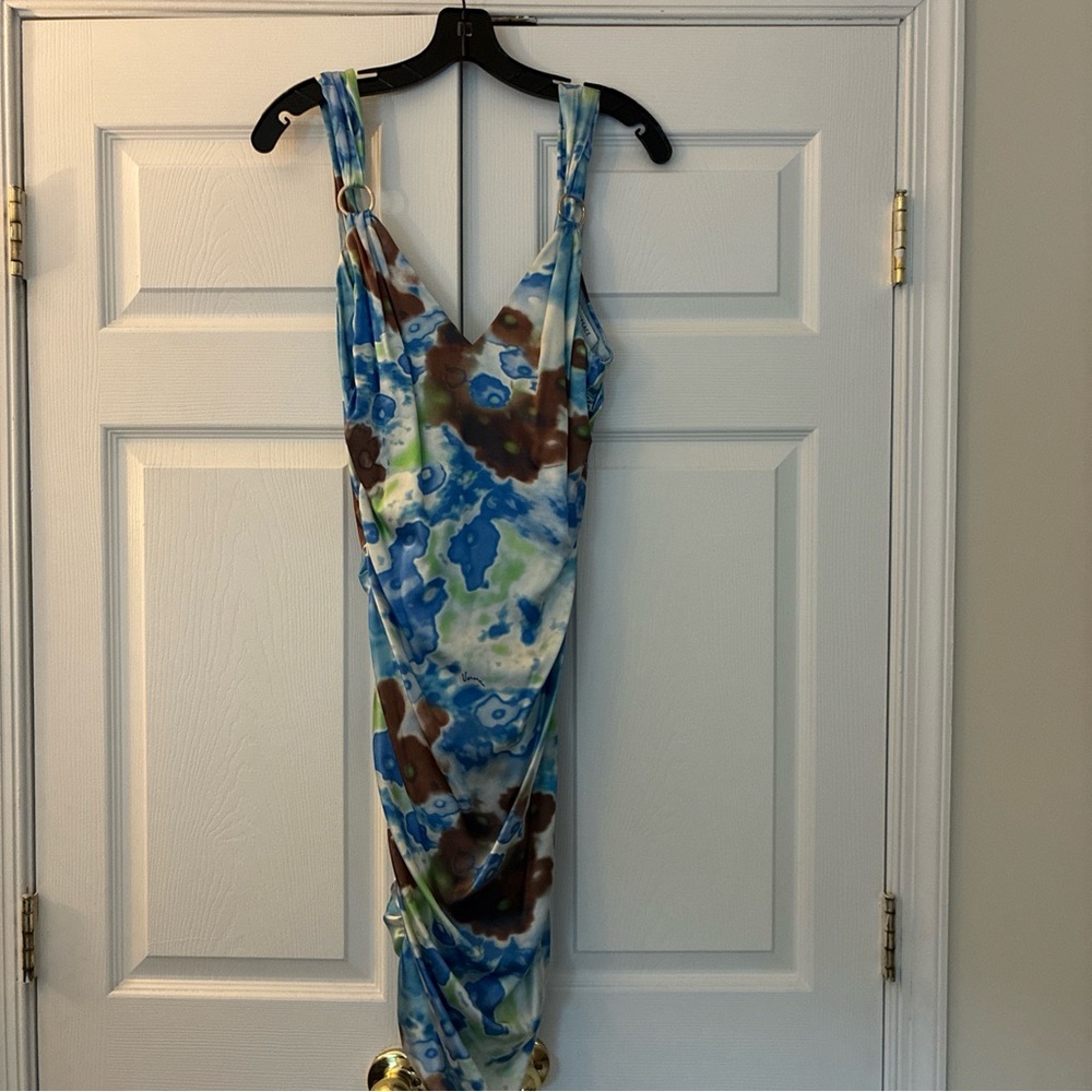 Versace Blue and Green Watercolor Silk Dress- Signature Detail Size EU 42